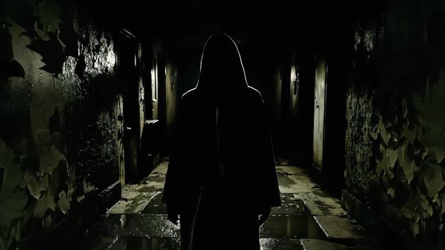 A hooded figure stands in a dark, dimly lit, derelict hallway.