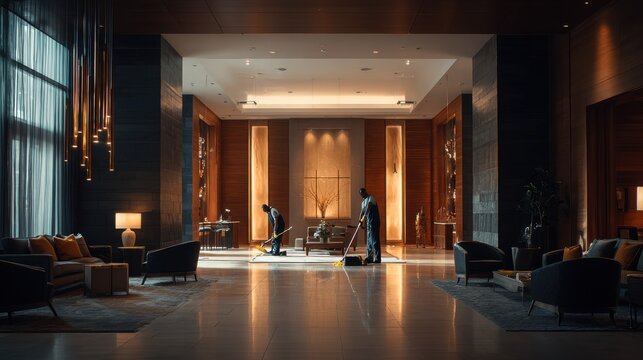 Professional cleaners maintaining a luxurious hotel lobby with polished floors. Two uniformed staff members meticulously clean the expansive, gleaming floor of a high-end hotel lobby with mops
