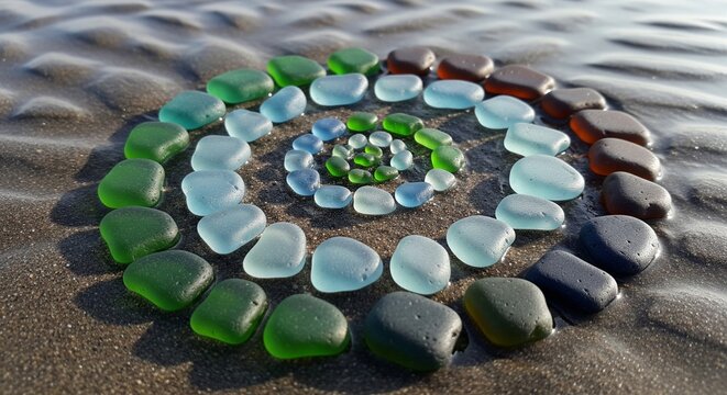 Colorful pieces of frosted sea glass arranged in a circular pattern on wet beach sand.