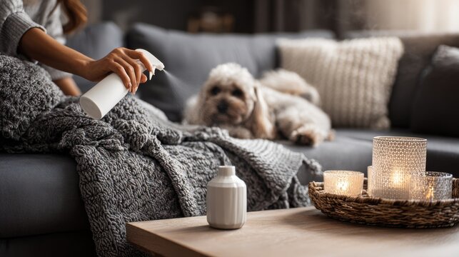 Woman spraying air freshener in living room with dog on sofa. A person uses a spray bottle to freshen the air in a cozy living room while a fluffy dog rests on the couch