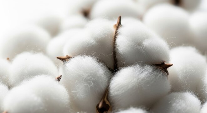 Close-up view of soft, fluffy white cotton bolls with visible stems and seeds