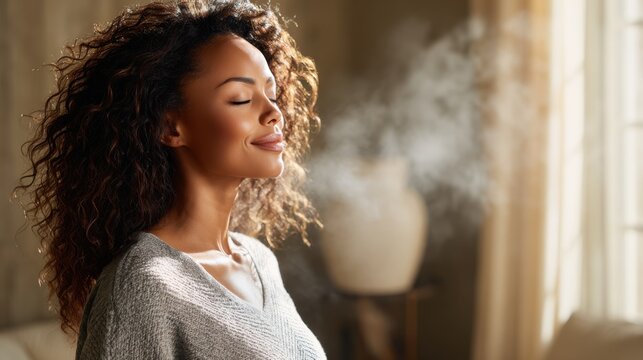 Woman enjoying fresh air from a humidifier in a cozy home environment. A woman with curly hair breathes in mist from a humidifier, promoting a clean and healthy atmosphere indoors