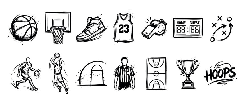 Collection of hand-drawn basketball themed icons, featuring players, equipment, and game elements in a dynamic, energetic sketch style