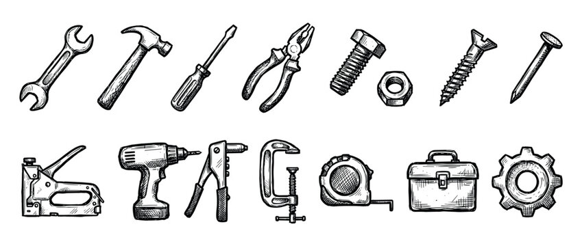 Large set of hand-drawn tools and hardware including a hammer, wrench, and drill in a black and white sketch illustration style, representing repair and DIY projects