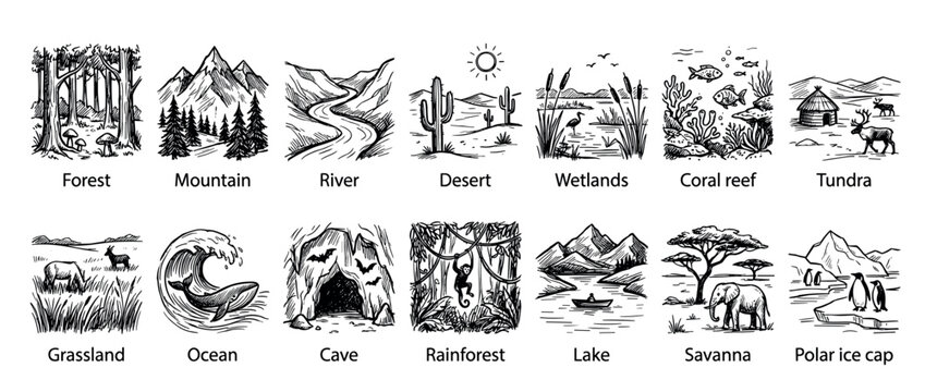 Collection of hand-drawn black and white illustrations showing different natural ecosystems and biomes like forest, mountain, river, desert, ocean, and tundra in a sketch style