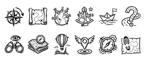 Obraz premium Collection of hand-drawn travel and navigation icons features various exploration symbols rendered in a detailed, expressive sketch style