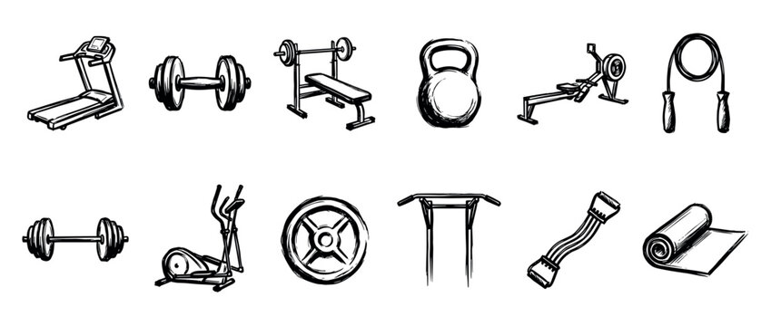 Hand-drawn gym and fitness equipment icons set featuring a treadmill, dumbbell, kettlebell, and bench press in a black and white sketch style for workout and exercise concepts