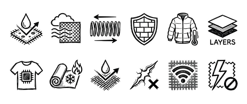 Hand drawn fabric property icons set in a black and white sketch style, illustrating features like waterproof, breathable, thermal, and stretchable materials for technical apparel