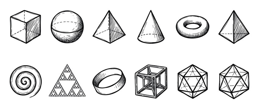 Various hand-drawn geometric and mathematical shapes are illustrated in a detailed black and white sketch style, showcasing polyhedrons, spheres, cones, a torus, a spiral, and a Sierpinski triangle