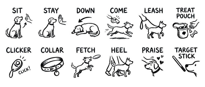Set of hand-drawn dog training icons showing commands like sit, stay, down, and fetch, along with equipment such as a clicker, collar, and leash in a simple sketch style