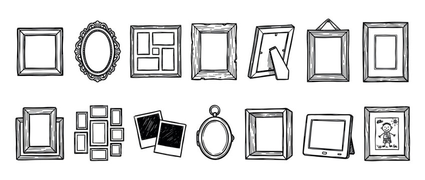 Collection of hand-drawn picture frames in various styles, including ornate oval, rustic wooden, digital, and multi-photo collage designs in a black and white doodle sketch illustration set