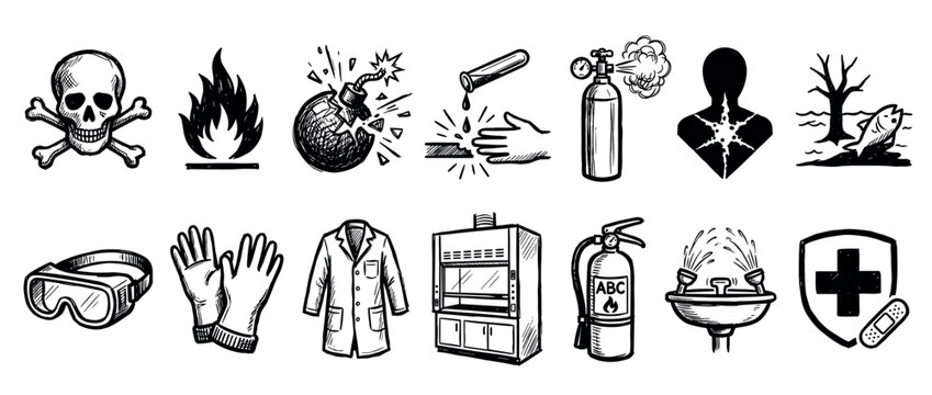 Set of hand-drawn safety and hazard icons in a sketch style showing symbols for toxic, flammable, explosive, and environmental dangers with protective equipment and first aid