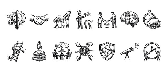 Obraz premium This collection of hand-drawn business concept icons illustrates various aspects of strategy, growth, innovation, and teamwork in a detailed, conceptual sketch style