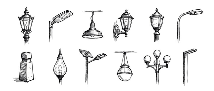 Various hand-drawn street lamps and outdoor lights are depicted in a detailed sketch style, showcasing diverse designs from classic lanterns to modern solar-powered fixtures