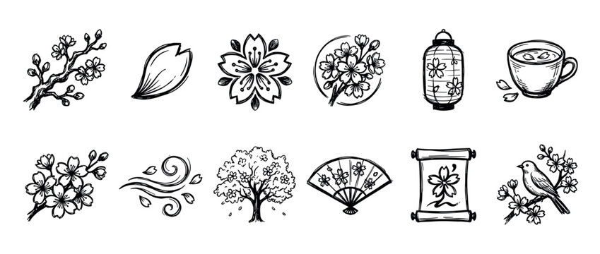 Hand-drawn cherry blossom icon set featuring sakura flowers, a traditional lantern, a fan, a bird on a branch, and a tea cup in a black and white ink sketch style