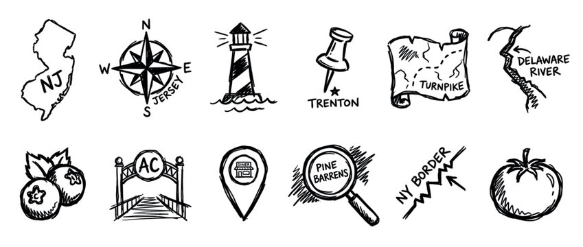 Collection of hand-drawn regional landmark and food icons, including a state outline, compass, lighthouse, map, river, blueberries, archway, diner, magnifying glass, border, and a tomato