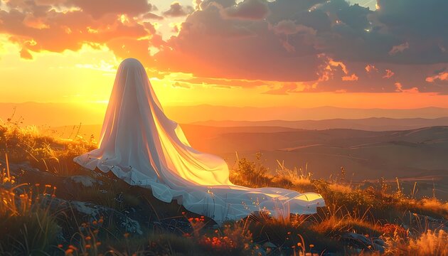 A spectral, draped figure sits atop a hill, its form flowing into the landscape against a fiery sunset and rolling hills