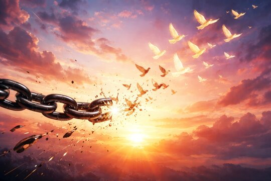Breaking chains and releasing doves into a vibrant sunset sky