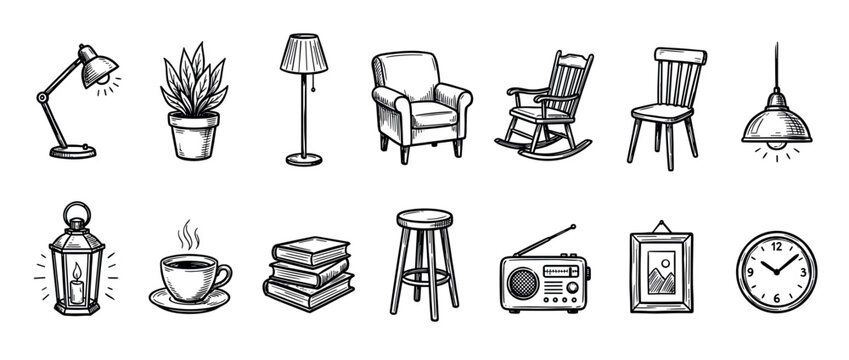 Collection of hand-drawn household furniture and decor items, including lamps, chairs, a plant, books, and a radio, rendered in a charming vintage sketch art style with clear black lines