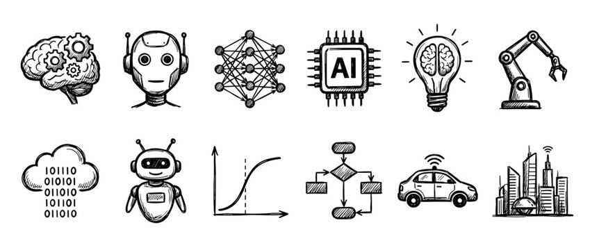 Hand drawn artificial intelligence technology icon set with a robot, brain, neural network, chip, and smart city in a black and white sketch doodle style illustration