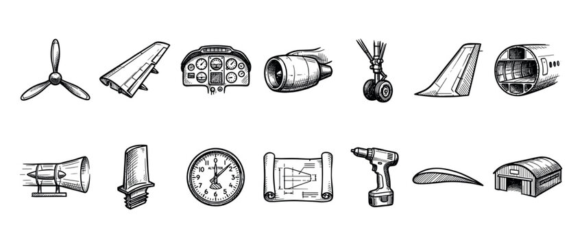 Set of vintage aviation illustrations featuring airplane parts like a propeller, wing, jet engine, cockpit panel, landing gear, and hangar in a detailed hand-drawn sketch style