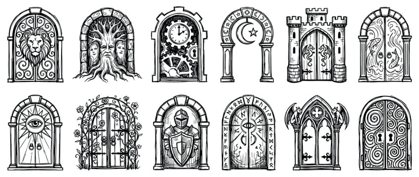 Collection of hand-drawn fantasy doors and gateways in a detailed sketch style, featuring various themes like medieval, gothic, steampunk, magical, and mystical portal designs