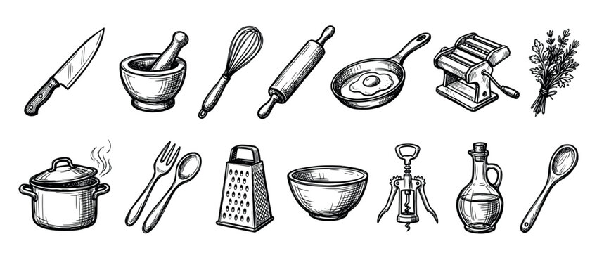 Various hand-drawn kitchen utensils and cooking tools are intricately sketched in a detailed, vintage-style illustration, perfect for culinary and baking themes