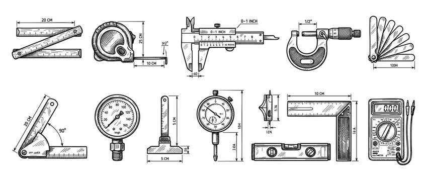 Detailed collection of hand-drawn measuring tools and instruments is depicted in a vintage sketch style, showcasing various precision devices with technical dimensions