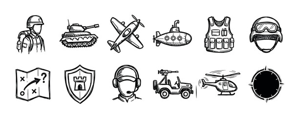 Fototapeta premium Collection of hand-drawn military and defense-related icons, featuring various vehicles, equipment, and personnel symbols in a rough, sketch-like style