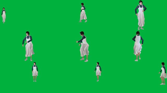A woman in white dress is walking on green screen و with dancing group of penguins across animated chromakey background illustration motion gesture movement colorful depth figure composition