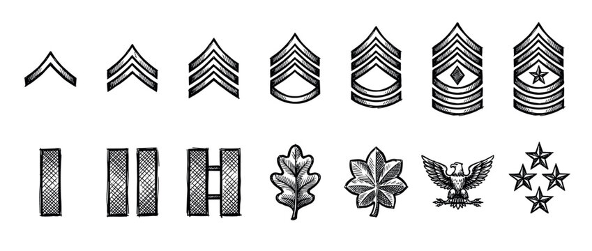 Collection of hand-drawn military rank insignia in a sketch style, featuring various symbols like chevrons, bars, leaves, an eagle, and stars representing hierarchy and service