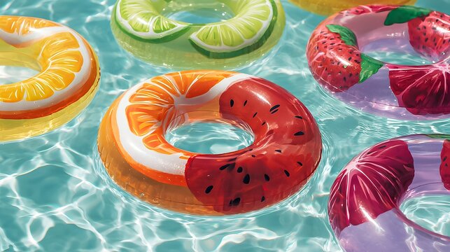 Bright inflatable pool toys float on water during a sunny summer day in a backyard swimming pool with clear blue water