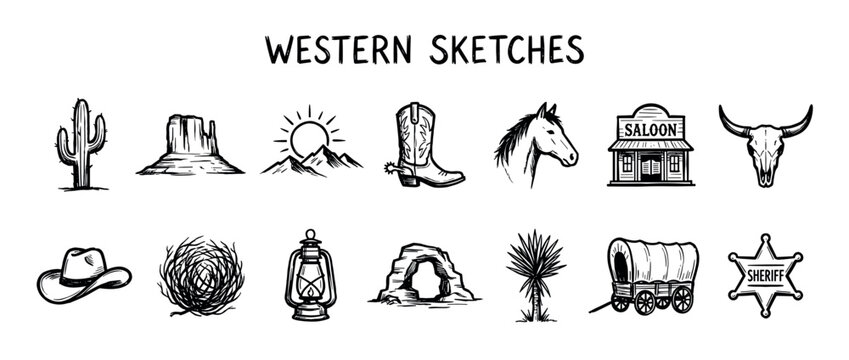 Set of hand-drawn western icons featuring a cactus, cowboy boot, saloon, bull skull, and sheriff badge in a black and white vintage sketch illustration style