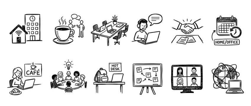 Diverse set of hand-drawn business icons illustrates modern work concepts like remote collaboration, hybrid schedules, office environments, and online communication