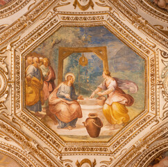 Obraz premium Salerno - The ceiling fresco of Jesus and the Samaritan woman at the well in the crypt of Cathedral of St. Matthew by Belisario Corenzio (1558–1646)