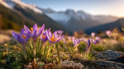 Obraz premium Purple flowers bloom in the mountains during sunrise with snow-capped peaks in the background
