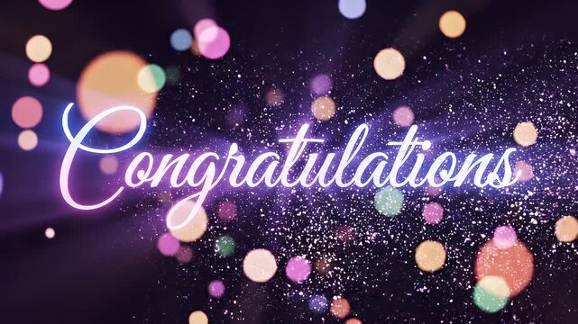 Animated congratulations message with colorful glowing lights and sparkling effects