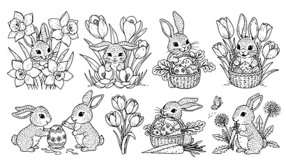 Obraz premium A black and white illustration of Easter bunnies with flowers and eggs
