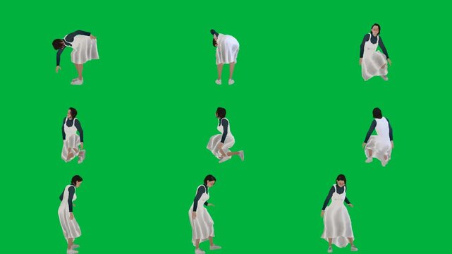 A woman in white dress on green screen و is standing walking dancing animated chromakey background gesture emotion backgrounds expression motion figure frame design depth layers movement
