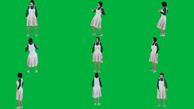 A woman in white dress is walking on green screen و standing animated chromakey background illustration motion emotion cartoonish style depth design frame figure elements composition