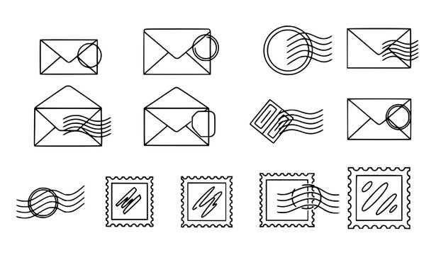 A set of minimalist line art icons depicting envelopes and stamps