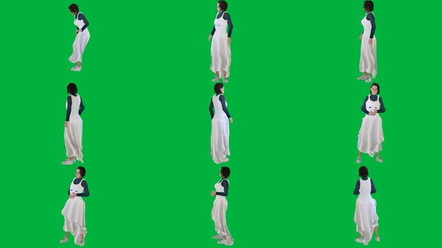A woman in white dress is standing on green screen و walking animated chromakey background creative movement composition motion scene depth frame colorful illustration backgrounds style