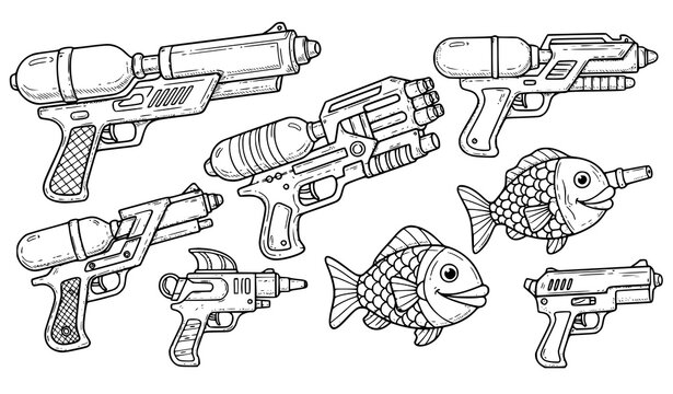 A set of black and white vector illustrations of water guns and fish shaped water guns
