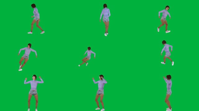 A woman in blue shirt is dancing on green screen و man playing golf animated chromakey background illustration creative elements frame expression scene figure style design backgrounds