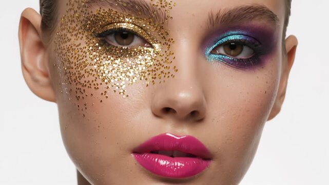 Model displays vibrant makeup with bold colors and glitter on her face. Clean white background highlights details. Concept of beauty, fashion, cosmetics