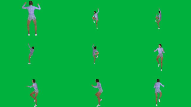 A woman is dancing on green screen و in white shirt playing golf animated chromakey background style elements layers composition scene illustration cartoonish expression design backgrounds