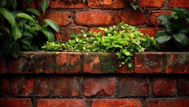 Lush green foliage thrives on a rustic, aged red brick wall with a mossy ledge