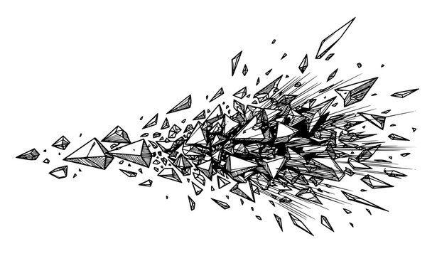 A black and white vector graphic illustration of shattered glass fragments