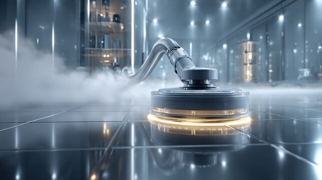 Advanced robotic cleaner with steam sanitizing a sterile, modern facility floor. Automated cleaning device emitting steam for disinfection on a polished tile surface in a high-tech environment
