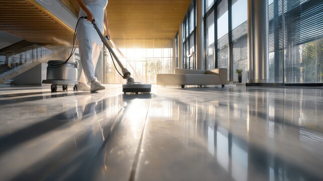 Professional cleaning service using a floor polisher in a modern office lobby with large windows